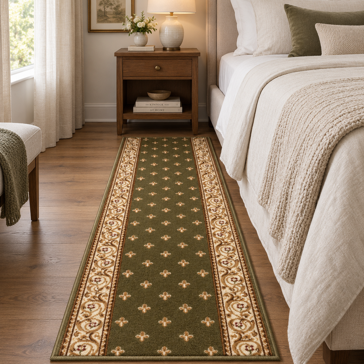 An olive green runner rug with a beige and brown ornate border and repeating floral motifs, shown on a wooden floor in a styled bedroom next to a bed.