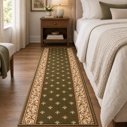An olive green runner rug with a beige and brown ornate border and repeating floral motifs, shown on a wooden floor in a styled bedroom next to a bed.