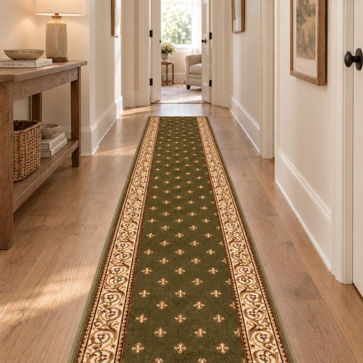 An olive green runner rug with a beige and gold floral pattern and ornate borders, shown on a hardwood floor in a brightly lit hallway.