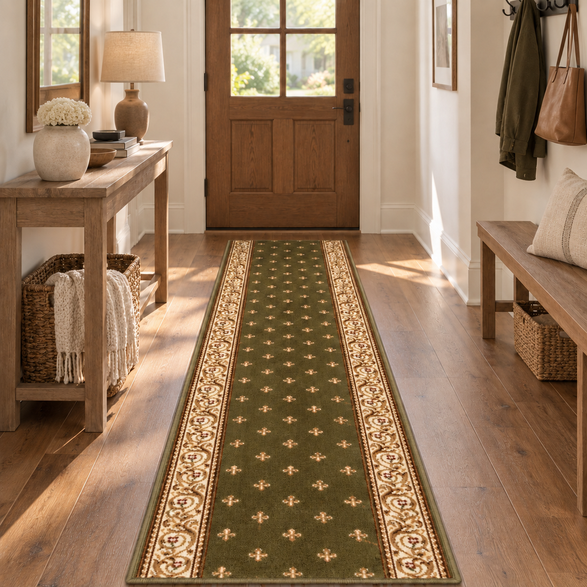 An olive green runner rug with a beige and gold floral pattern, shown on a hardwood floor in a bright, modern entryway.