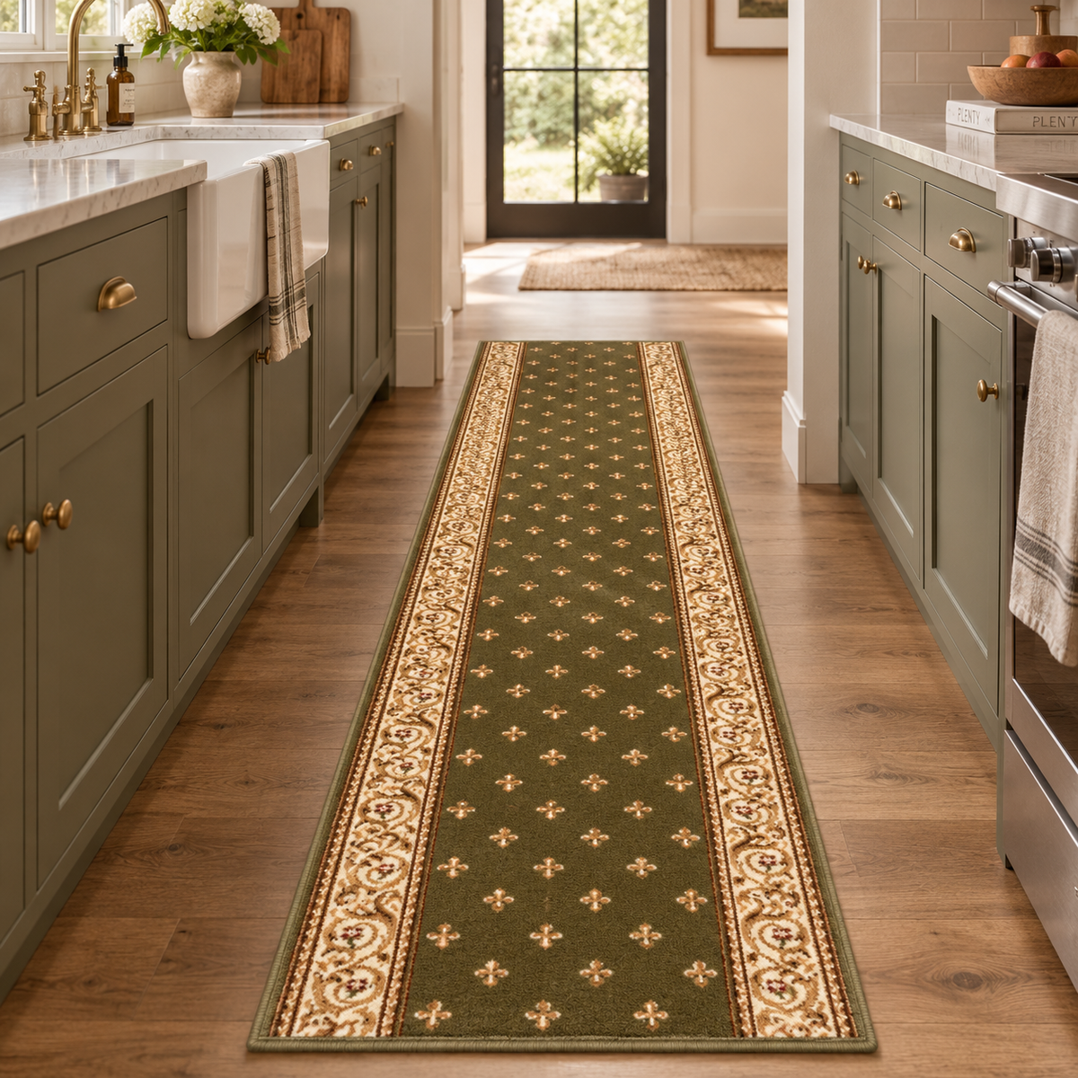 A long runner rug with a green base, beige floral motifs, and ornate beige borders, shown in a kitchen hallway between sage green cabinets and wood floors.