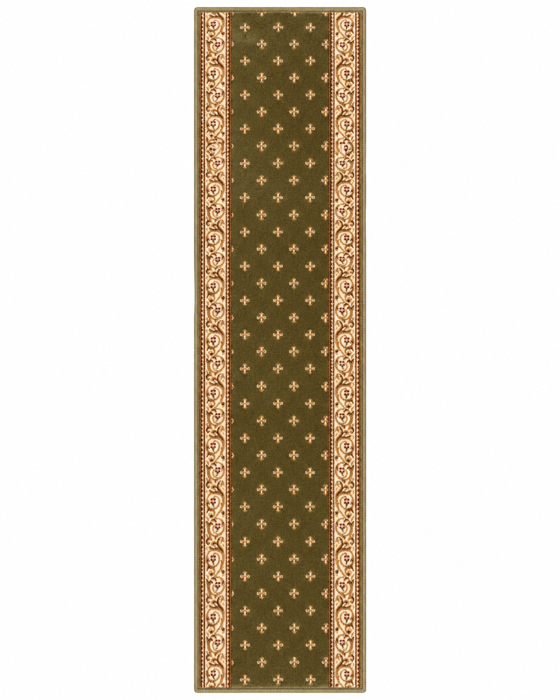 A long rectangular runner rug with a dark olive green center, decorated with small gold cross motifs and ornate gold scrollwork borders on the sides, shown flat against a white background.