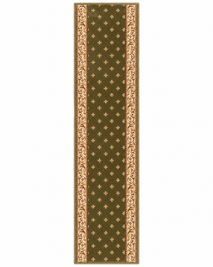 A long rectangular runner rug with a dark olive green center, decorated with small gold cross motifs and ornate gold scrollwork borders on the sides, shown flat against a white background.