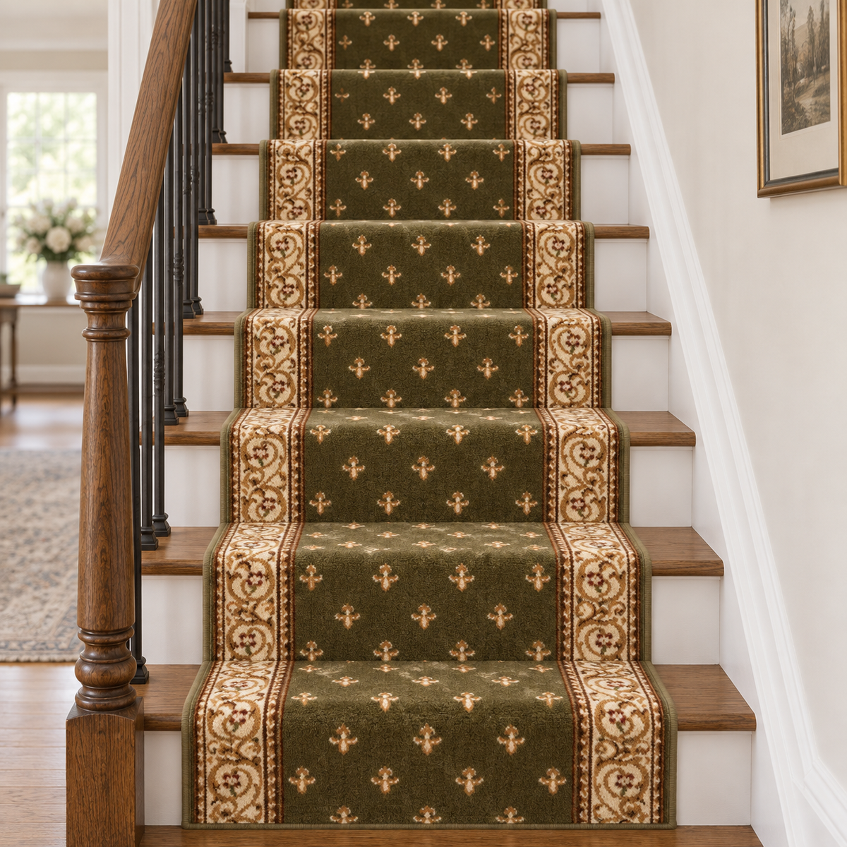 A set of green stair carpet runners with gold and beige floral borders and anchor motifs, installed on a wooden staircase in a home interior.