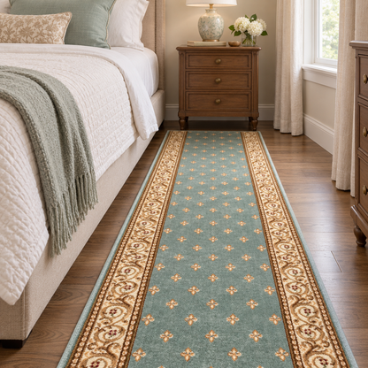 A long runner rug in a bedroom setting, featuring a dusty teal center with small floral motifs and ornate beige and brown borders, shown on a hardwood floor between a bed and a wooden nightstand.