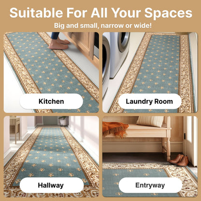 Custom Size Hallway & Stair Runner Fleur de Lis Traditional Light Blue  27 Inch Wide x Choose Your Custom Length Runner Rug Well Woven