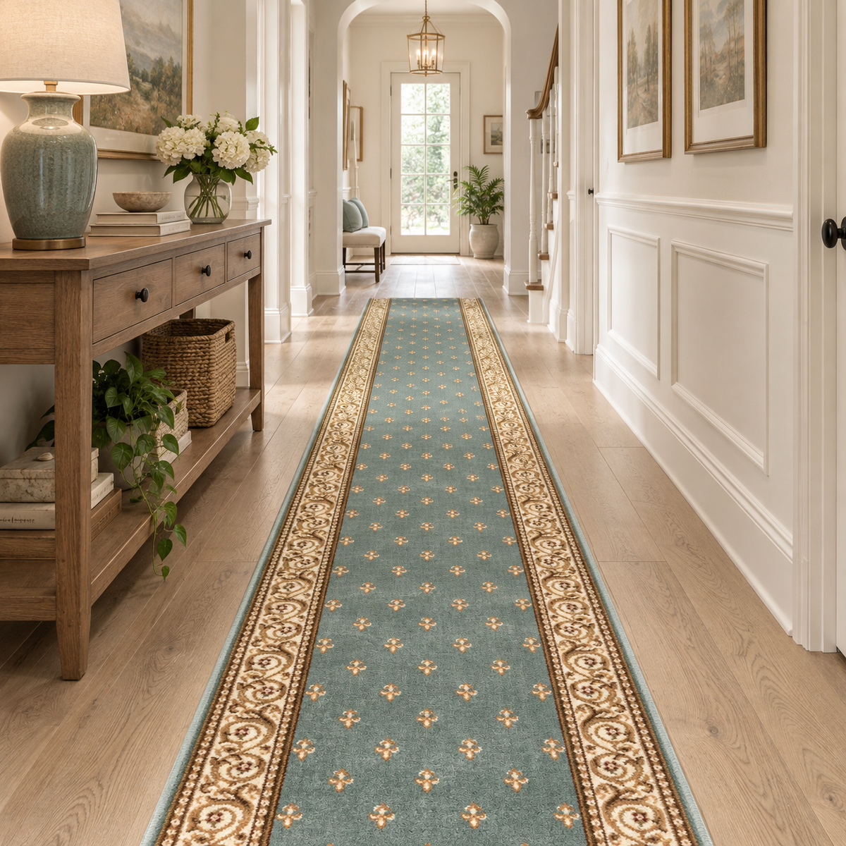 A long runner rug in a teal blue-green color with a beige and gold floral pattern, laid out on a light wood hallway floor.