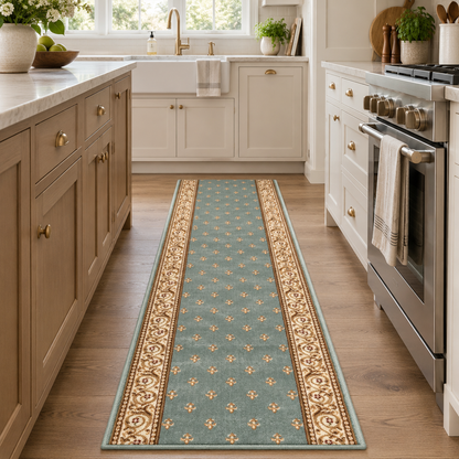 A long runner rug with a teal blue center and ornate beige and gold patterned borders, shown on a hardwood kitchen floor between light wood cabinets and stainless steel appliances.