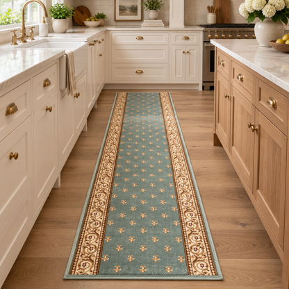 A long runner rug in a teal blue-green color with beige and gold ornamental borders and floral motifs, shown on a light wood kitchen floor between white and light wood cabinets.