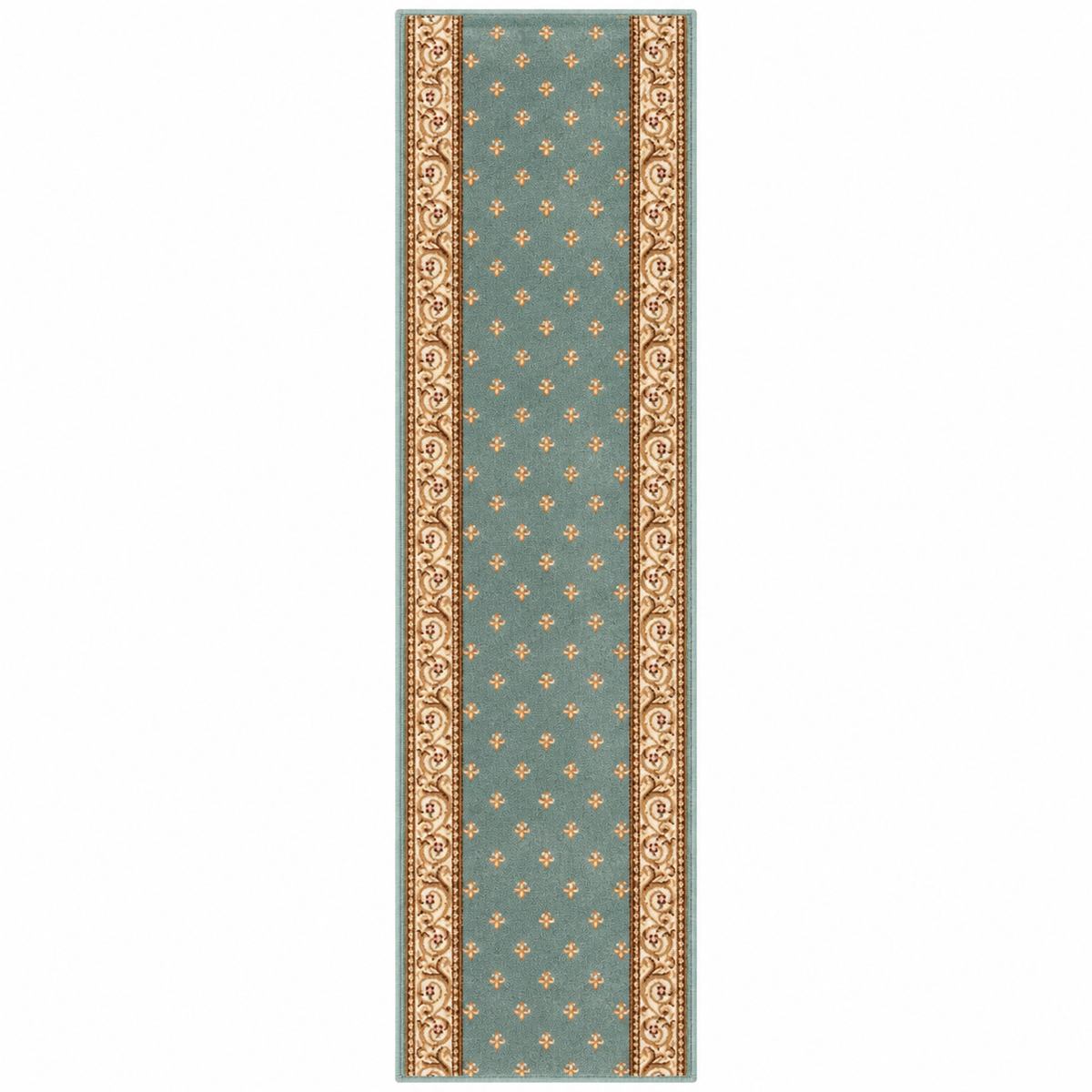 A long rectangular runner rug with a muted teal center field, small repeating gold floral motifs, and ornate gold border panels on both sides, shown flat against a white background.