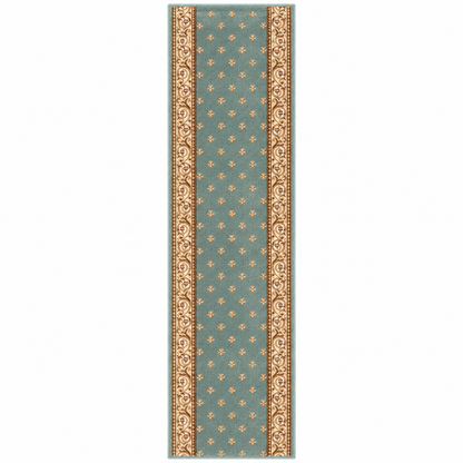 A long rectangular runner rug with a muted teal center field, small repeating gold floral motifs, and ornate gold border panels on both sides, shown flat against a white background.