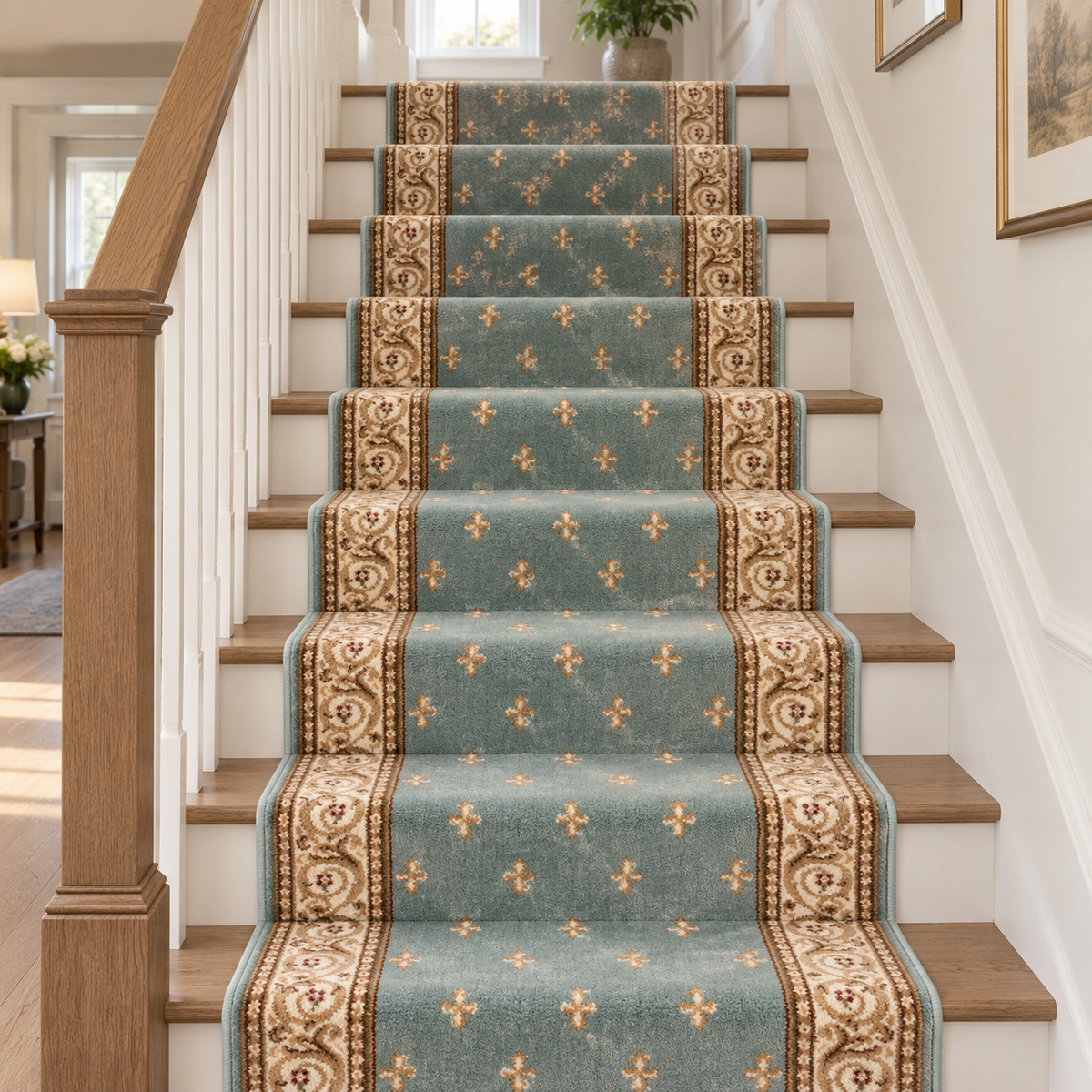 A set of teal carpet runner strips with ornate gold and beige borders, styled on a wooden staircase in a bright, modern home interior.