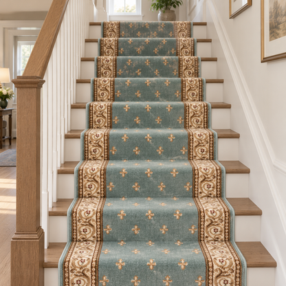 A set of teal carpet runner strips with ornate gold and beige borders, styled on a wooden staircase in a bright, modern home interior.