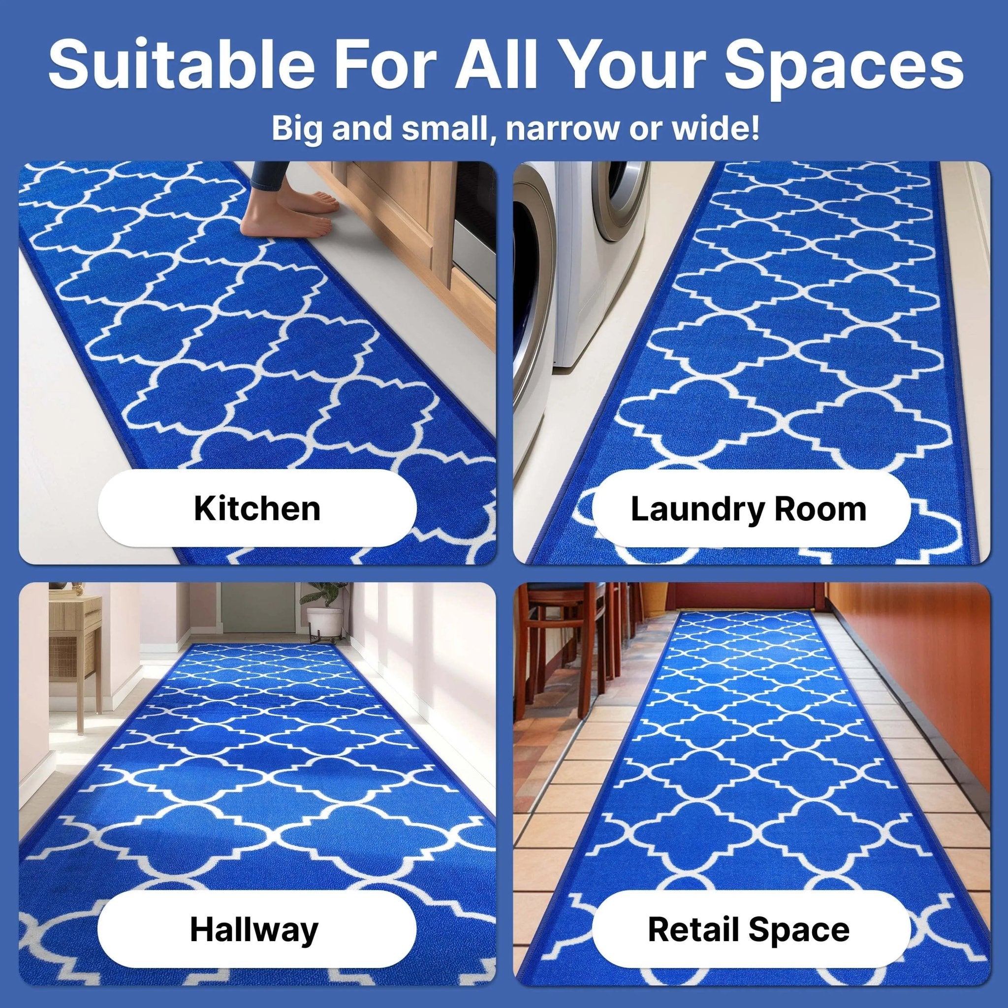 Brooklyn Trellis Custom Size Runner Modern Blue Select Your Width x Choose Your Length Machine Washable Hallway Runner Rug Well Woven
