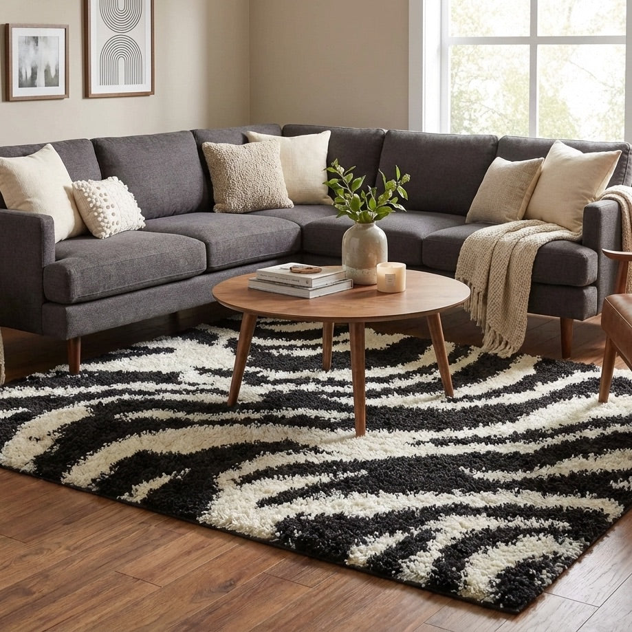 7033 -  Living room with a gray sectional sofa, round wooden coffee table, and zebra-patterned area rug.