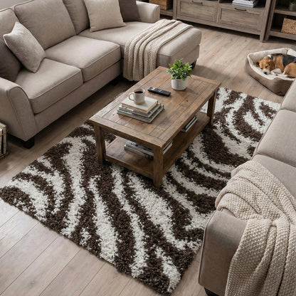 7038 - Living room with a small brown and white patterned rug, wooden coffee table, and beige sectional sofa.