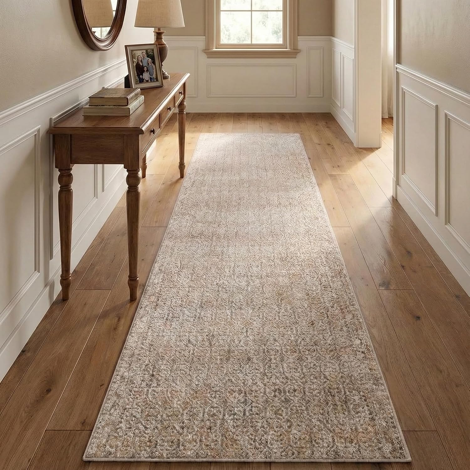 Echo Beige custom runner styled in a bright hallway