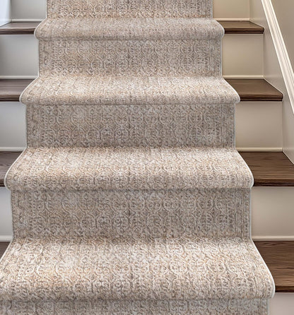 Echo Beige custom runner fitted over wooden stairs