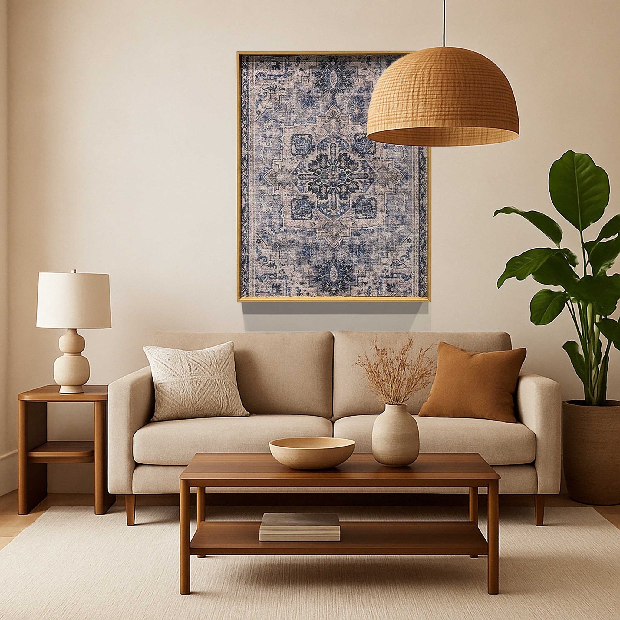 WellArt Tirana sustainable framed textile wall art displayed in a cozy living room above a sofa.