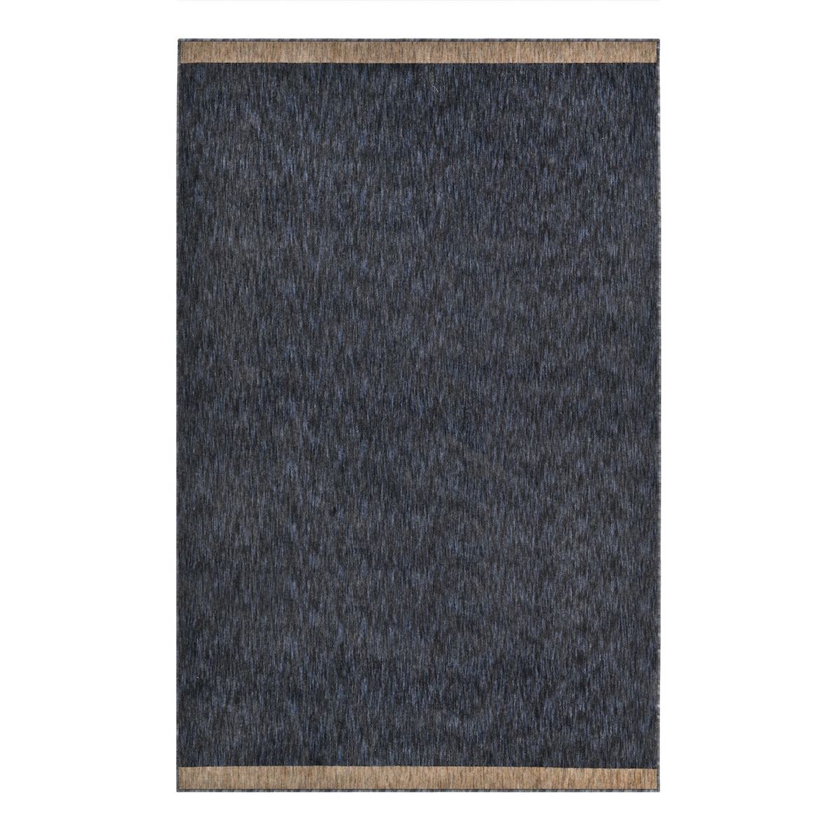 COD-13 Well Woven Moor Midnight Charcoal Area Rug - An overhead view of the dark blue and gray rug with a camel brown stripe on the two short ends, placed on a white background