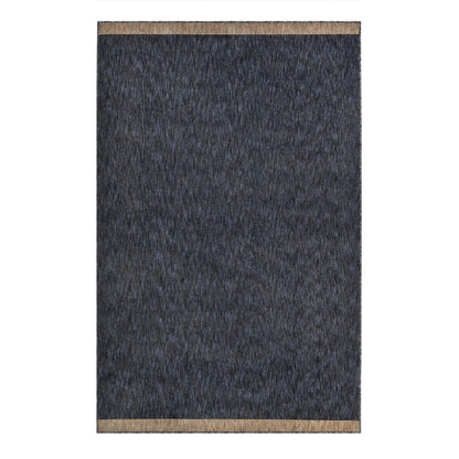 COD-13 Well Woven Moor Midnight Charcoal Area Rug - An overhead view of the dark blue and gray rug with a camel brown stripe on the two short ends, placed on a white background