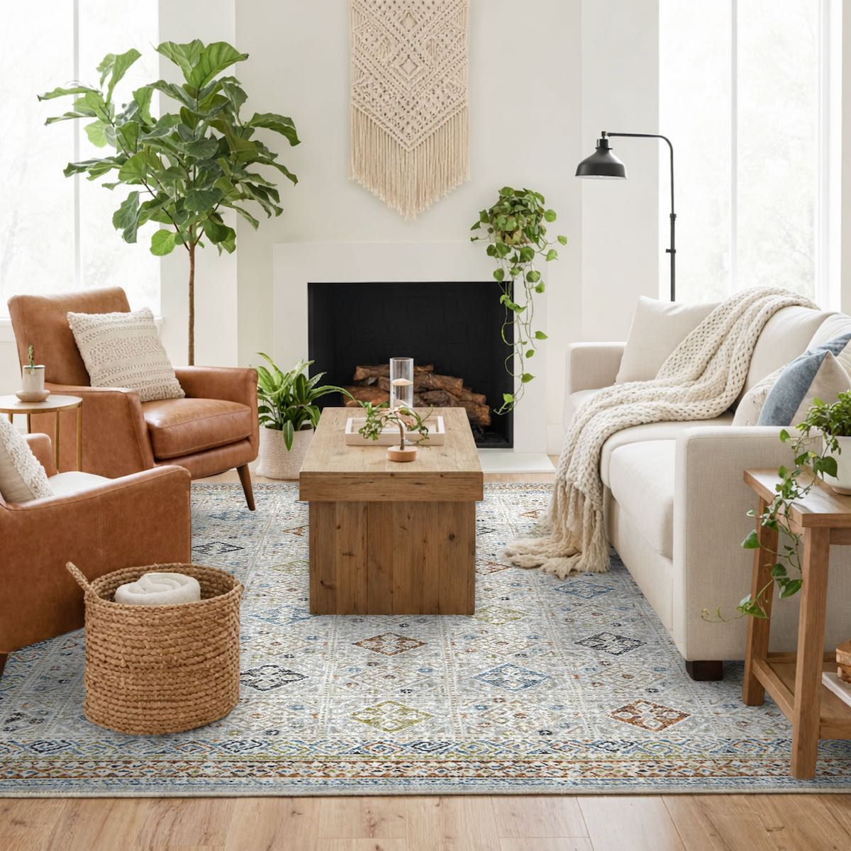 COD-21 Well Woven Mere Washable Rug - Cozy living room with a fireplace, sofa, chairs, and decorative elements, including a black metal lamp and a multicolor geometric rug with ornate tribal-inspired details.