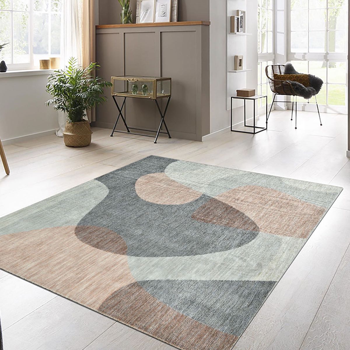 COD-60 Well Woven Holt Washable Rug: Interior scene of the geometric washable rug on a light wood floor with a neutral color scheme.