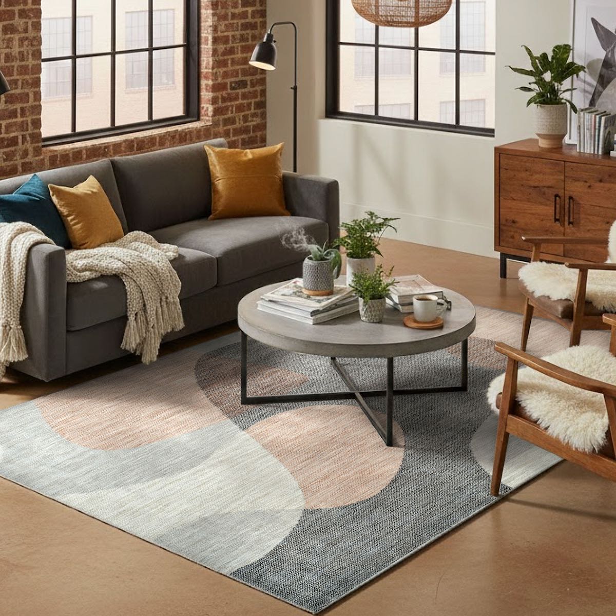 COD-60 Well Woven Holt Washable Rug - Modern living room with a gray sofa, round coffee table, and decorative elements, like a peach and gray washable area rug.
