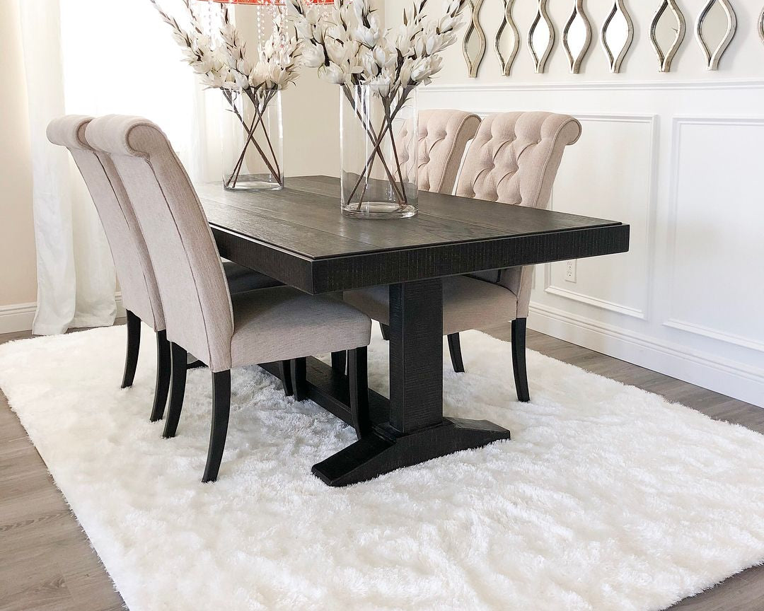 Feather Liza Made-to-Measure Soft-Luster Shag Rug — Powder White — Feather Collection Liza  White Shag Rug –   Sparkly, Plush, Minimalist Glam - Well Woven - white rug in a modern dining room
