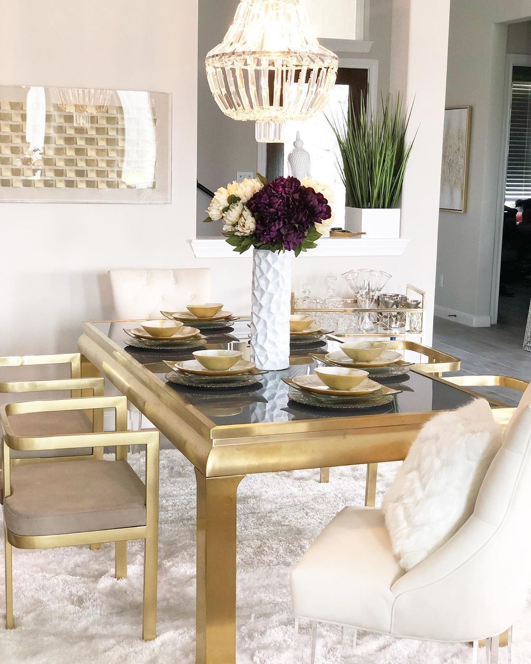 Feather Liza Made-to-Measure Soft-Luster Shag Rug — Powder White — Feather Collection Liza  White Shag Rug –   Sparkly, Plush, Minimalist Glam - Well Woven - white rug in a dining room