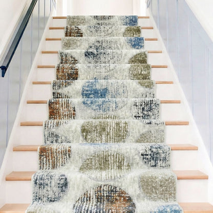 ELM-31 - Staircase with a textured multicolor runner on wooden steps.