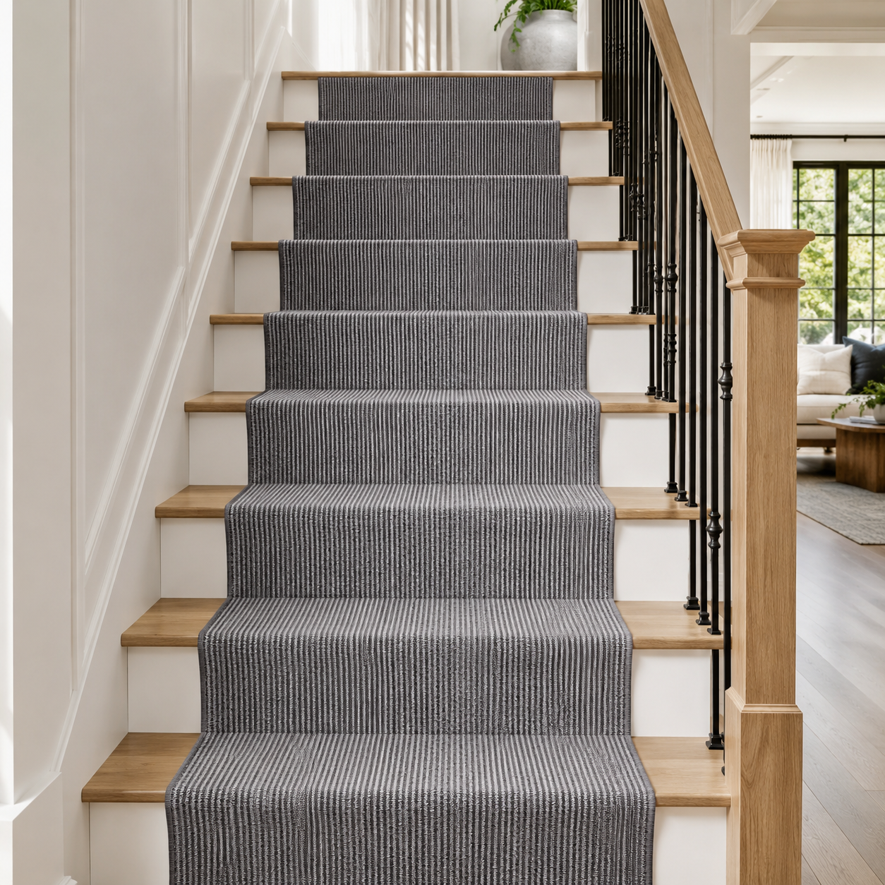 Essential Lane Slate runner rug styled on stairs