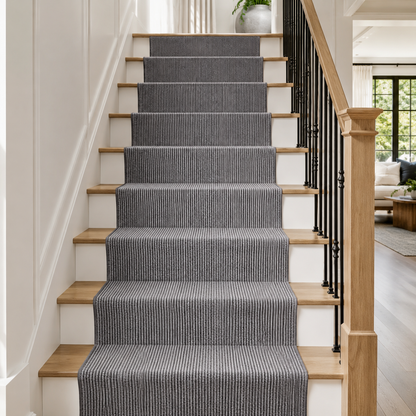 Essential Lane Slate runner rug styled on stairs