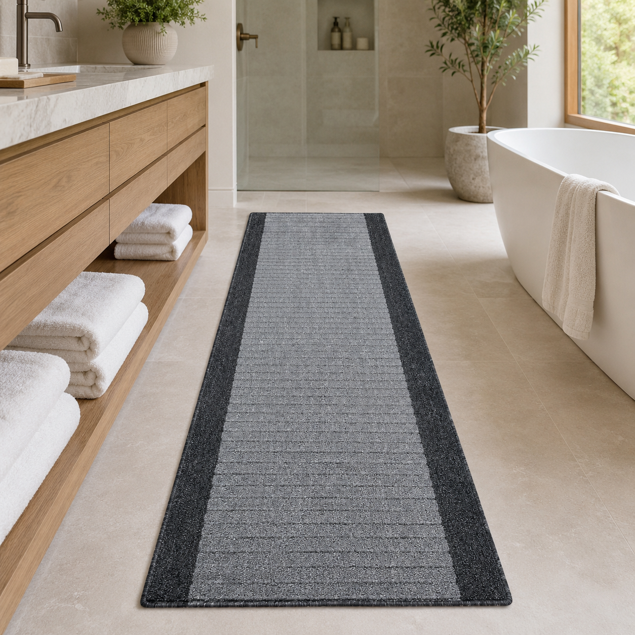 Essential Lane Graphite rubber-backed runner rug in an everyday room setting