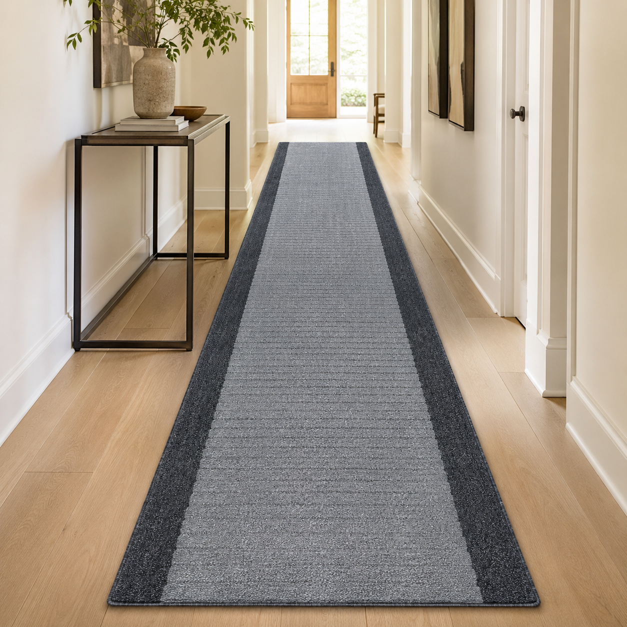 Essential Lane Graphite runner rug styled in a hallway