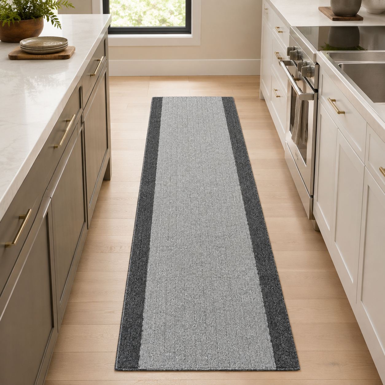 Essential Lane Graphite runner rug styled in a kitchen