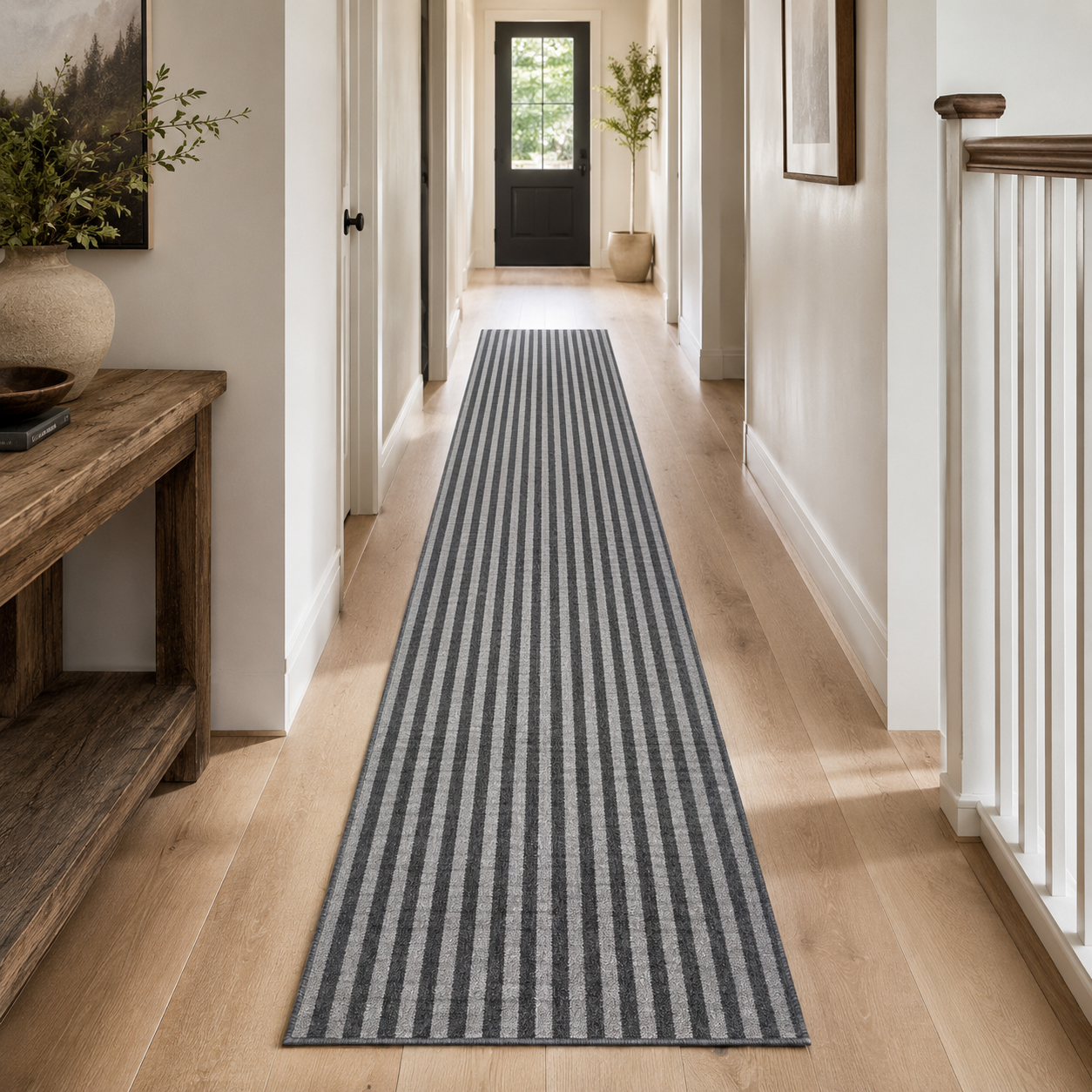 Essential Lane Flint runner rug styled in a hallway
