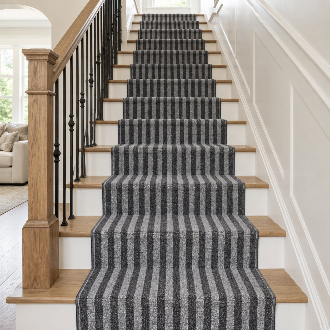 Essential Lane Flint runner rug styled on stairs
