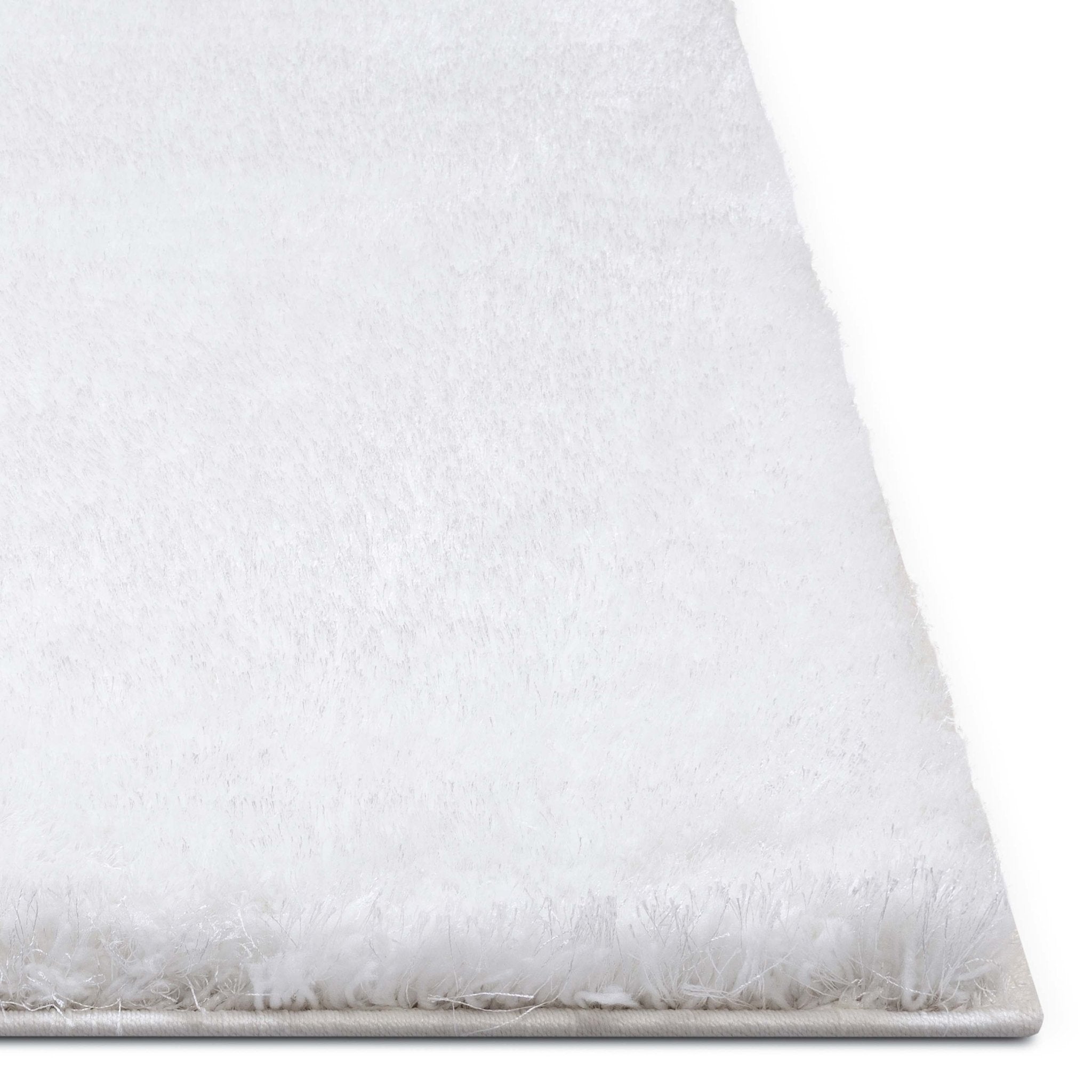 Feather Liza Made-to-Measure Soft-Luster Shag Rug — Powder White — Feather Collection Liza  White Shag Rug –   Sparkly, Plush, Minimalist Glam - Well Woven - white rug corner