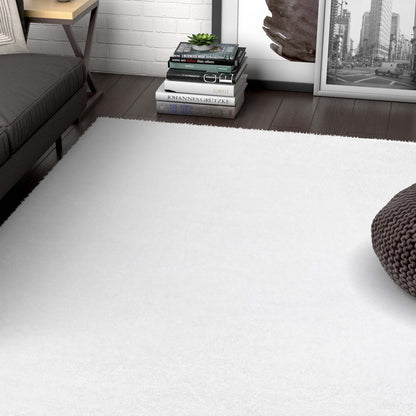 Feather Liza Made-to-Measure Soft-Luster Shag Rug — Powder White — styled room view
