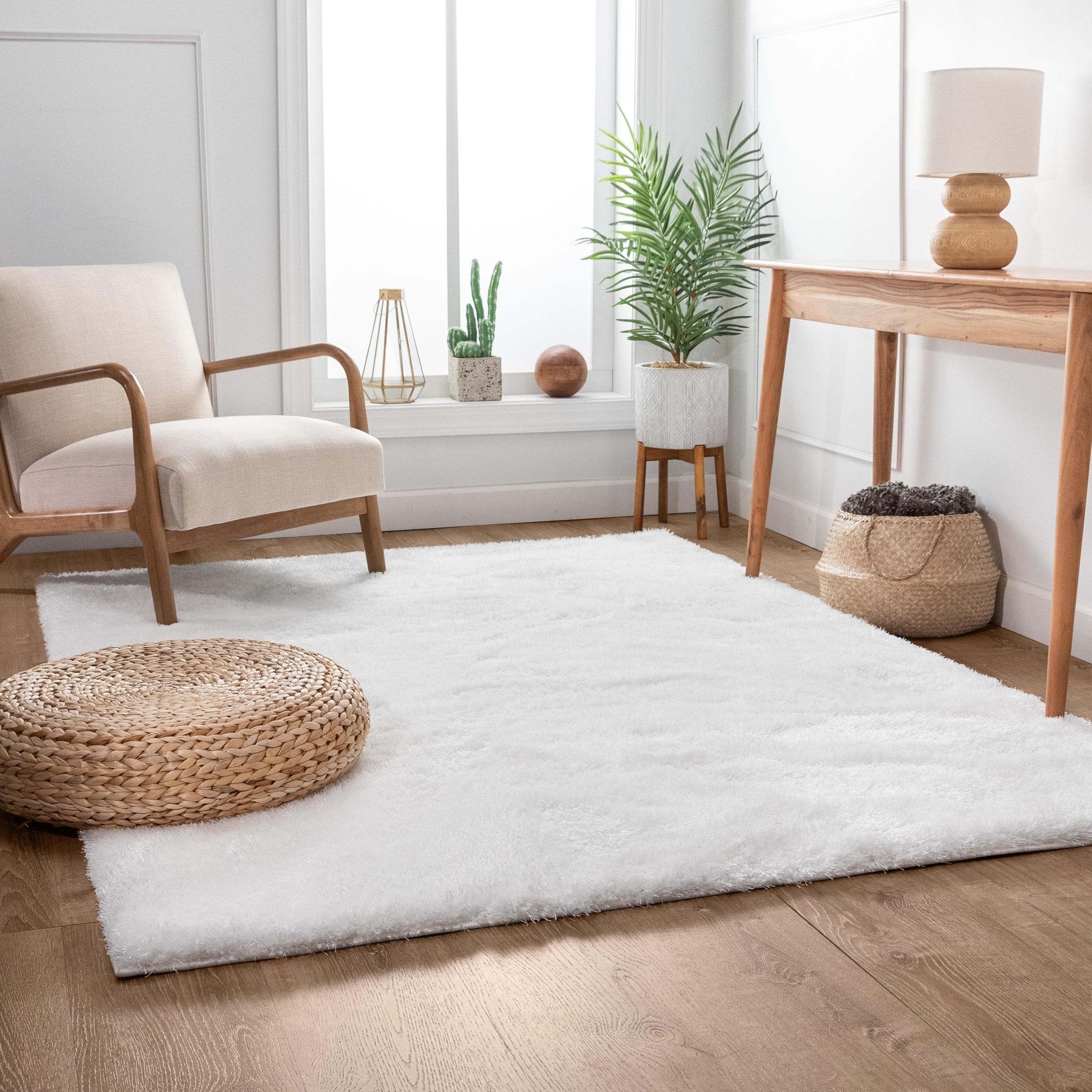 Feather Liza Made-to-Measure Soft-Luster Shag Rug — Powder White — Feather Collection Liza  White Shag Rug –   Sparkly, Plush, Minimalist Glam - Well Woven - solid white shag rug in a living room