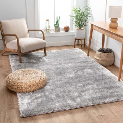 Feather Liza Made-to-Measure Soft-Luster Shag Rug — Silver Mist — styled room view