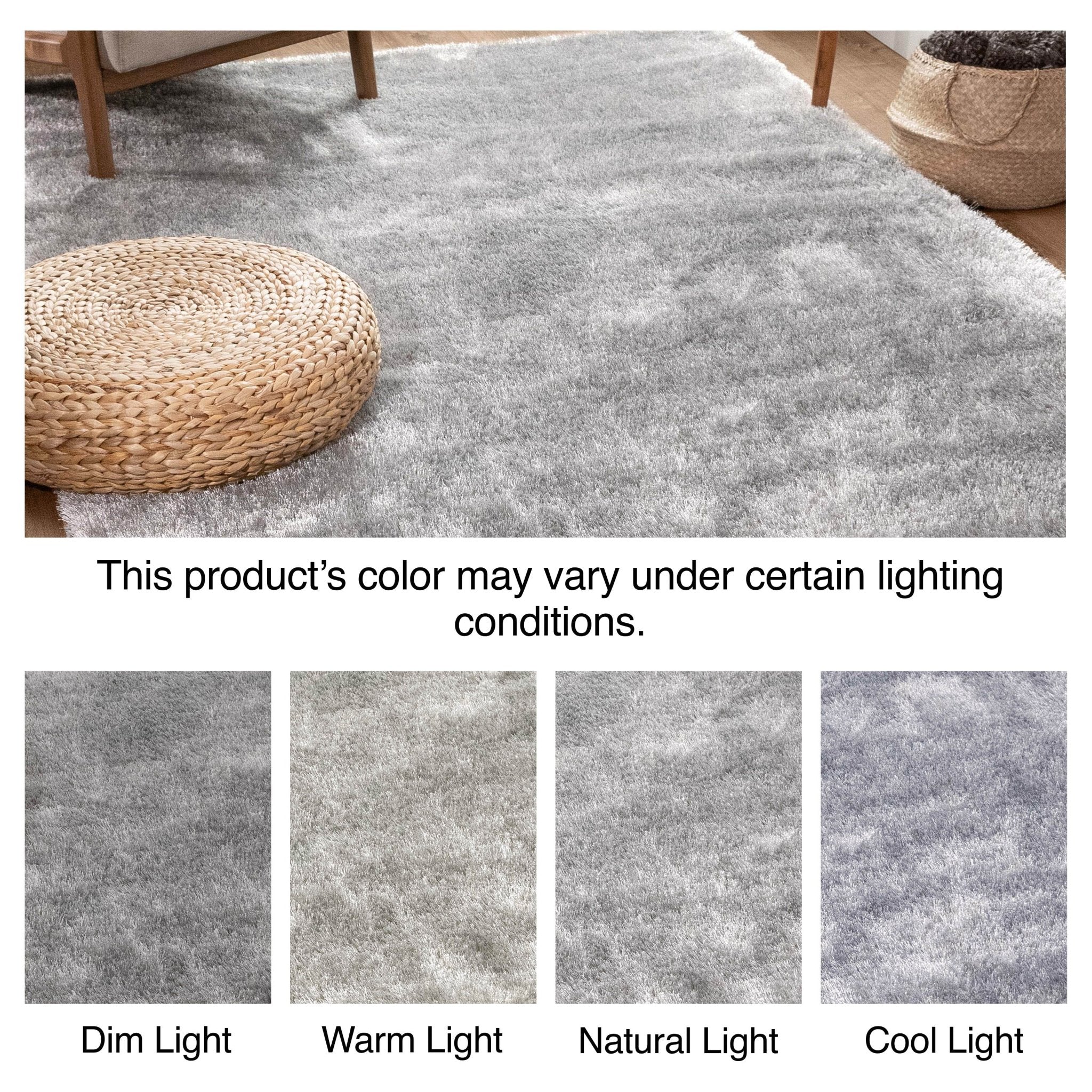 Feather Liza Made-to-Measure Soft-Luster Shag Rug — Silver Mist — Feather Collection Liza  Silver Shag Rug –  Sparkly, Plush, Minimalist Glam - Well Woven - Lighting variations
