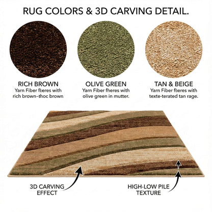 GV-121 - Rug color swatches and design details with text labels on a white background (tan & beige, olive green, rich brown)