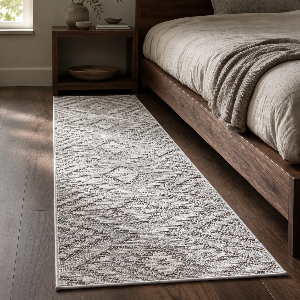 A long runner rug with a textured geometric diamond pattern in off-white and light gray, styled in a bedroom next to a wooden bed frame and nightstand.