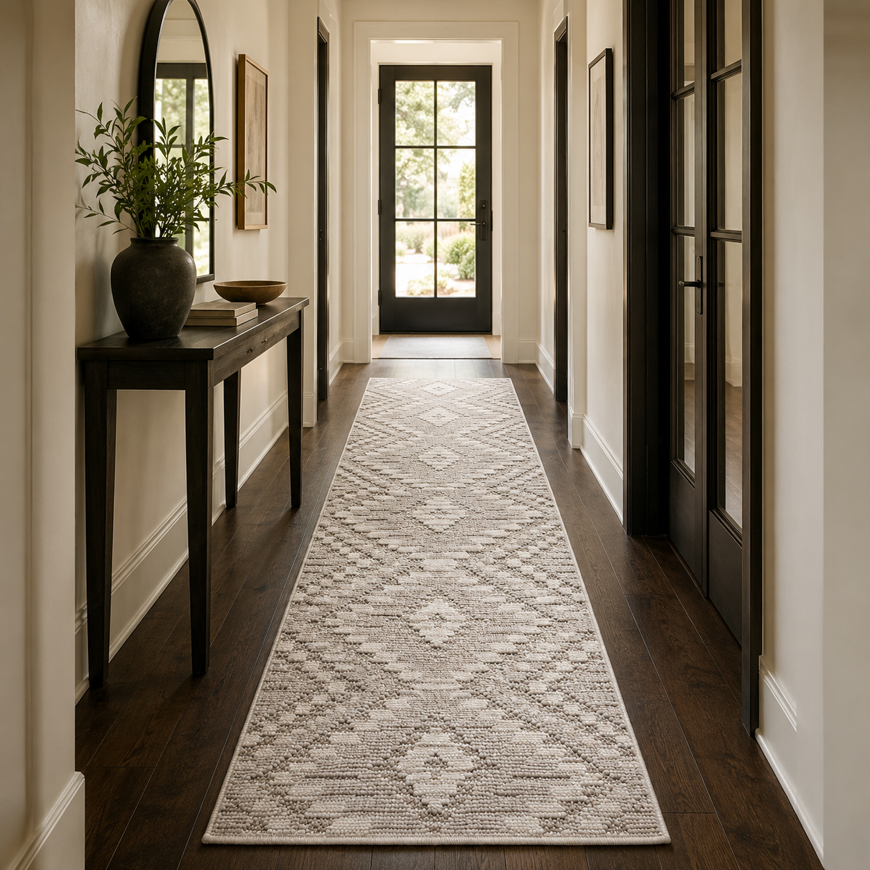 A long runner rug with a distressed geometric pattern in beige and gray, shown in a hallway with dark wood floors and black-framed doors.