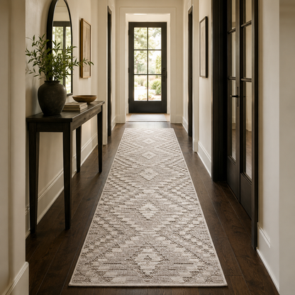 A long runner rug with a distressed geometric pattern in beige and gray, shown in a hallway with dark wood floors and black-framed doors.