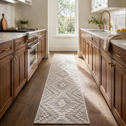 A long runner rug with a textured geometric pattern in beige and cream, laid out on a dark wood floor in a bright, modern kitchen.