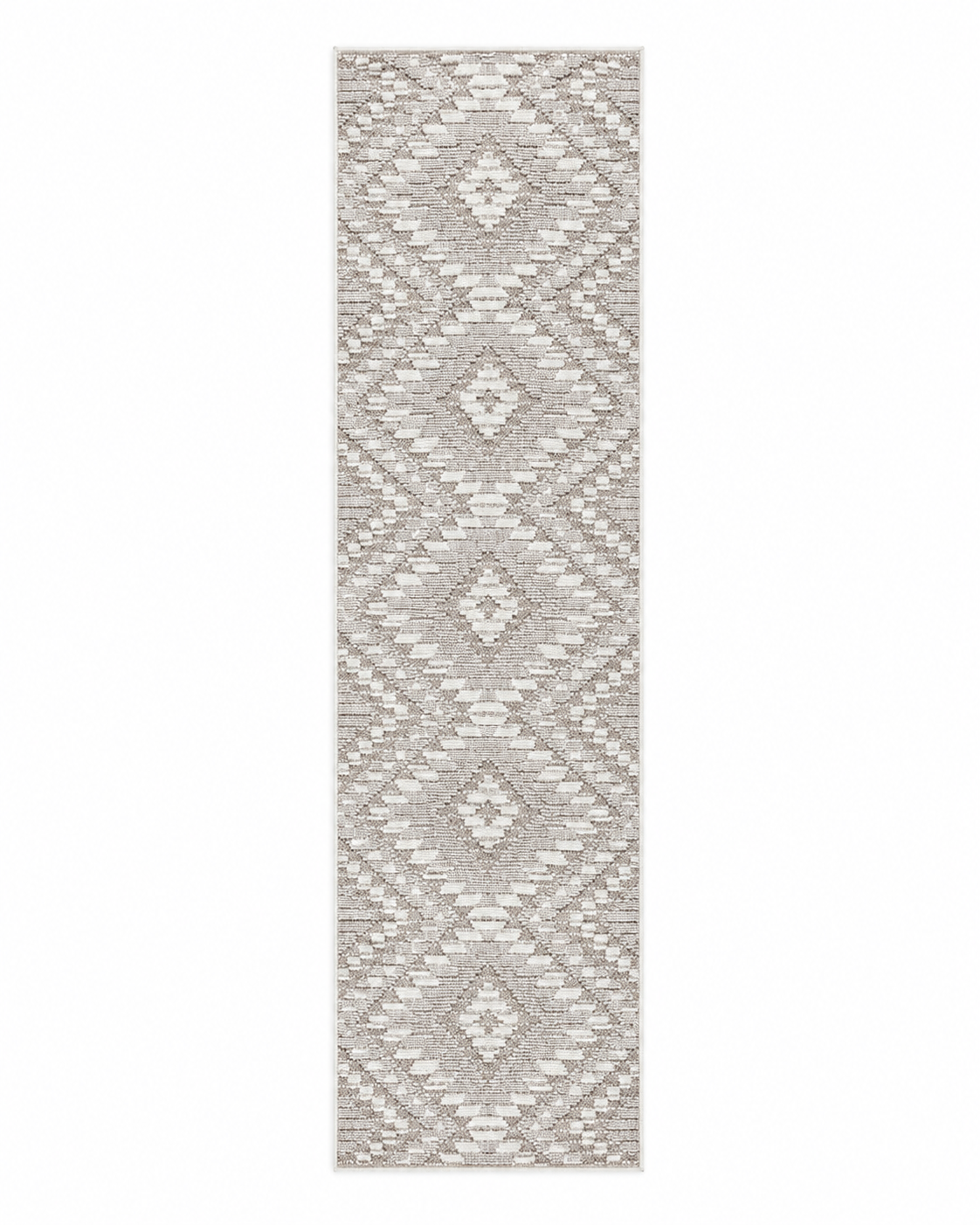 A long rectangular area rug with a geometric diamond pattern in light beige and off-white, shown flat against a white background.