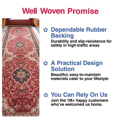 Custom Size Runner Gene Medallion Persian Red Select Your Width x Choose Your Length Machine Washable Hallway Runner Rug Well Woven